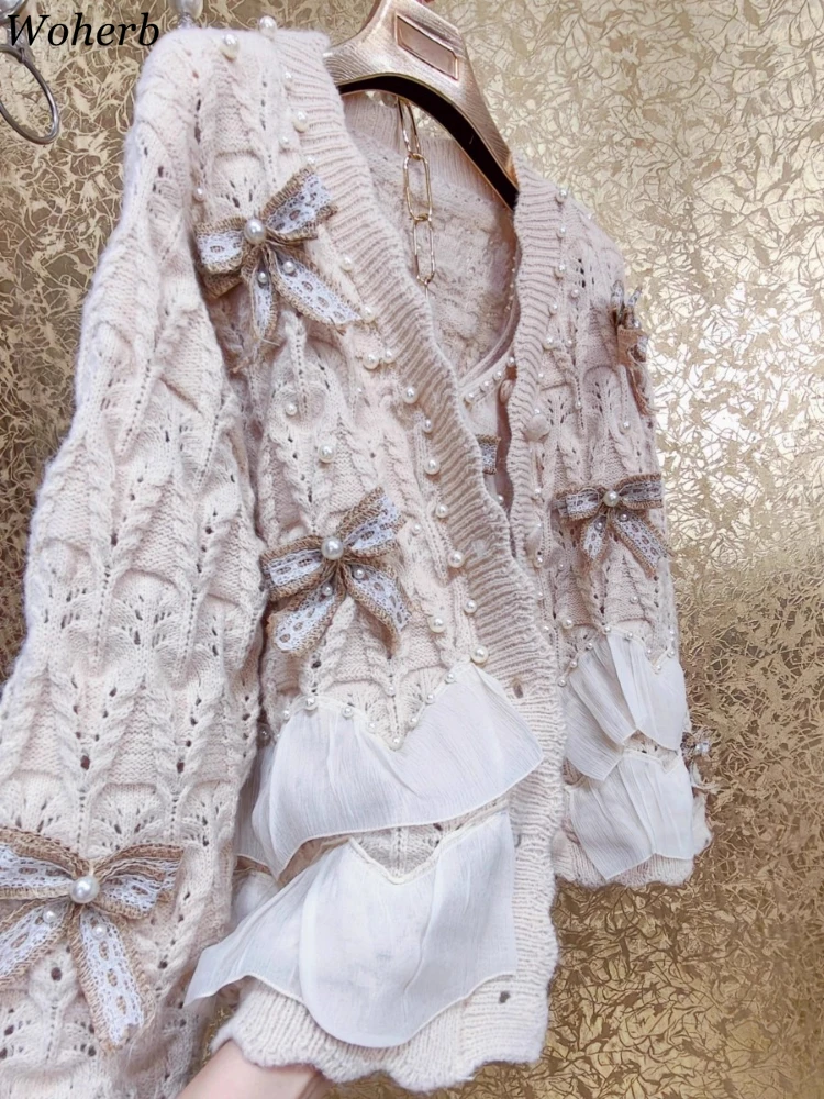 

Fashion Knitted Two Piece Sets Ruffled Patchwork Sweet Bow Cardigan + V Neck Crop Vest Outfits Women Clothing Korean Autumn Set