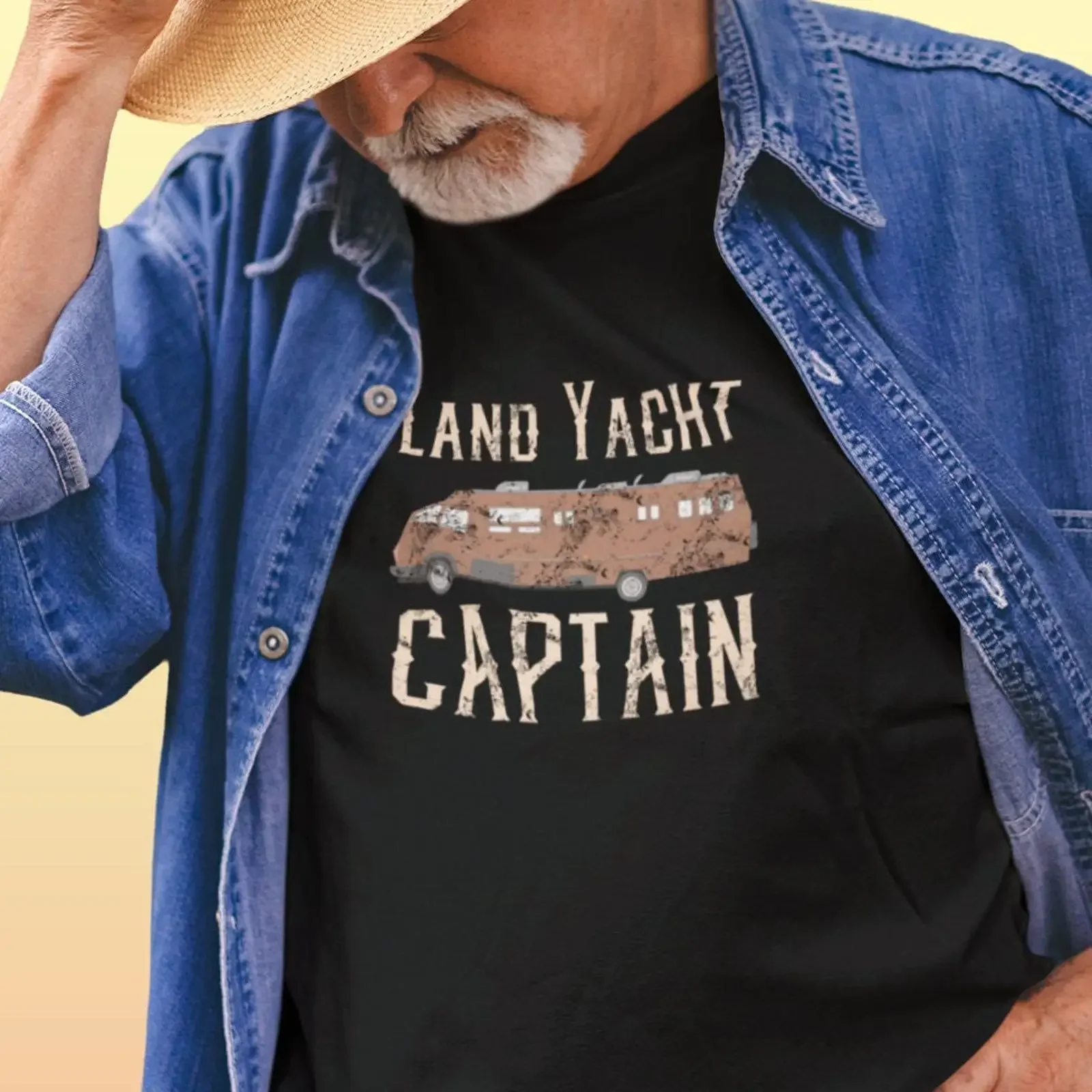 Lustiges Wohnmobil-T-Shirt „Land Yacht Captain Retirement“, Vintage-Waschung, bequem, dehnbar, Designerkleidung für Herren, leicht vielseitig