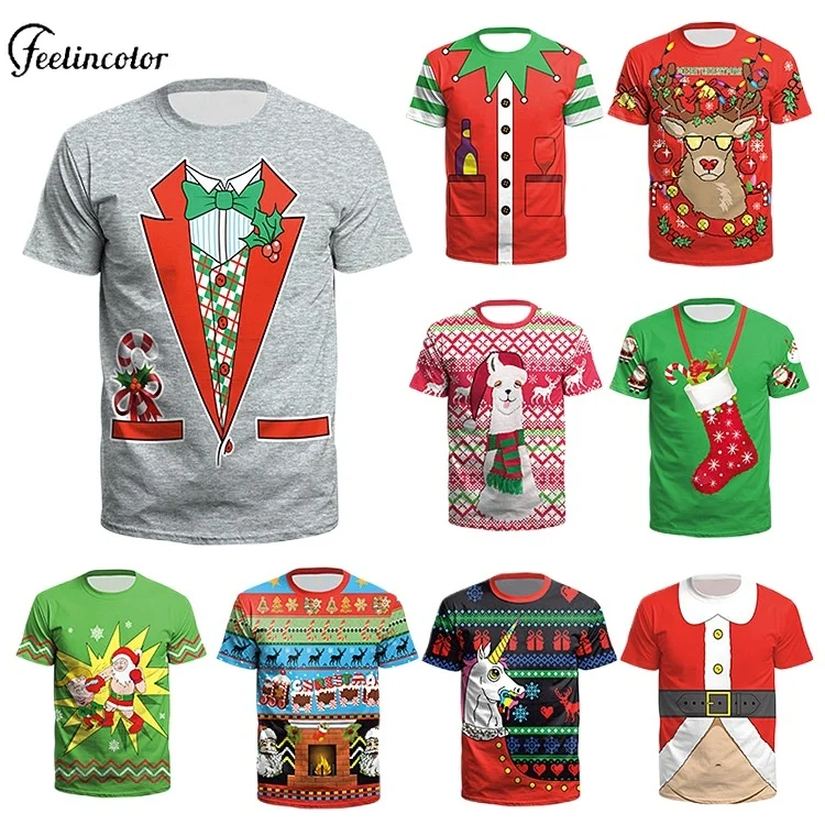 Xmas Elk Santa Claus Pattern T-shirt for Men Red Green 3D Printed Christmas Top Couple Short Sleeved Shirts Summer Party Clothes