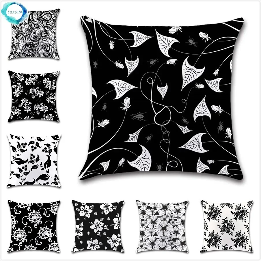 Black and White Gemtric Flower Cushion Cover Home Decoration Pillowcase Office Sofa Chair Decor Polyester Pillow Cover 45X45CM