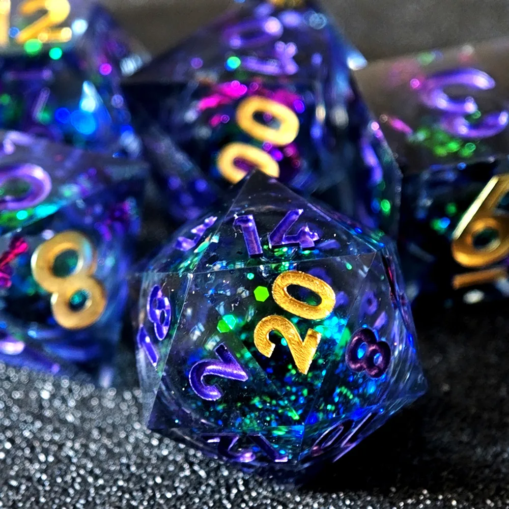 MINI PLANET Handmade Liquid Core Amethyst Dice Set 7pcs Polyhedral Resin DND Dice For TRPG Table Games Dice with Sharp Edges