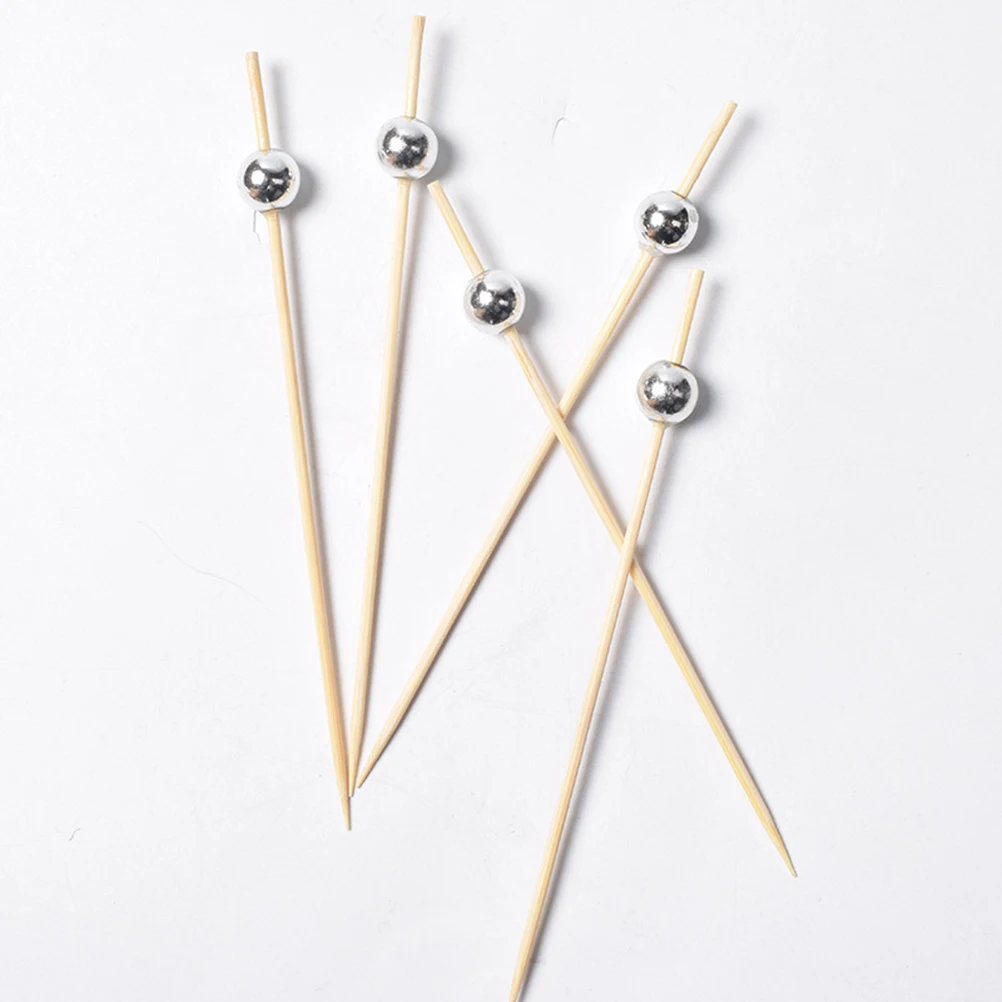 

100 pcs Cocktail Picks 12 Cm Creative Handmade Bamboo Fruit Toothpicks Silver Pearl Tails For Party Appetizer Display Fruit