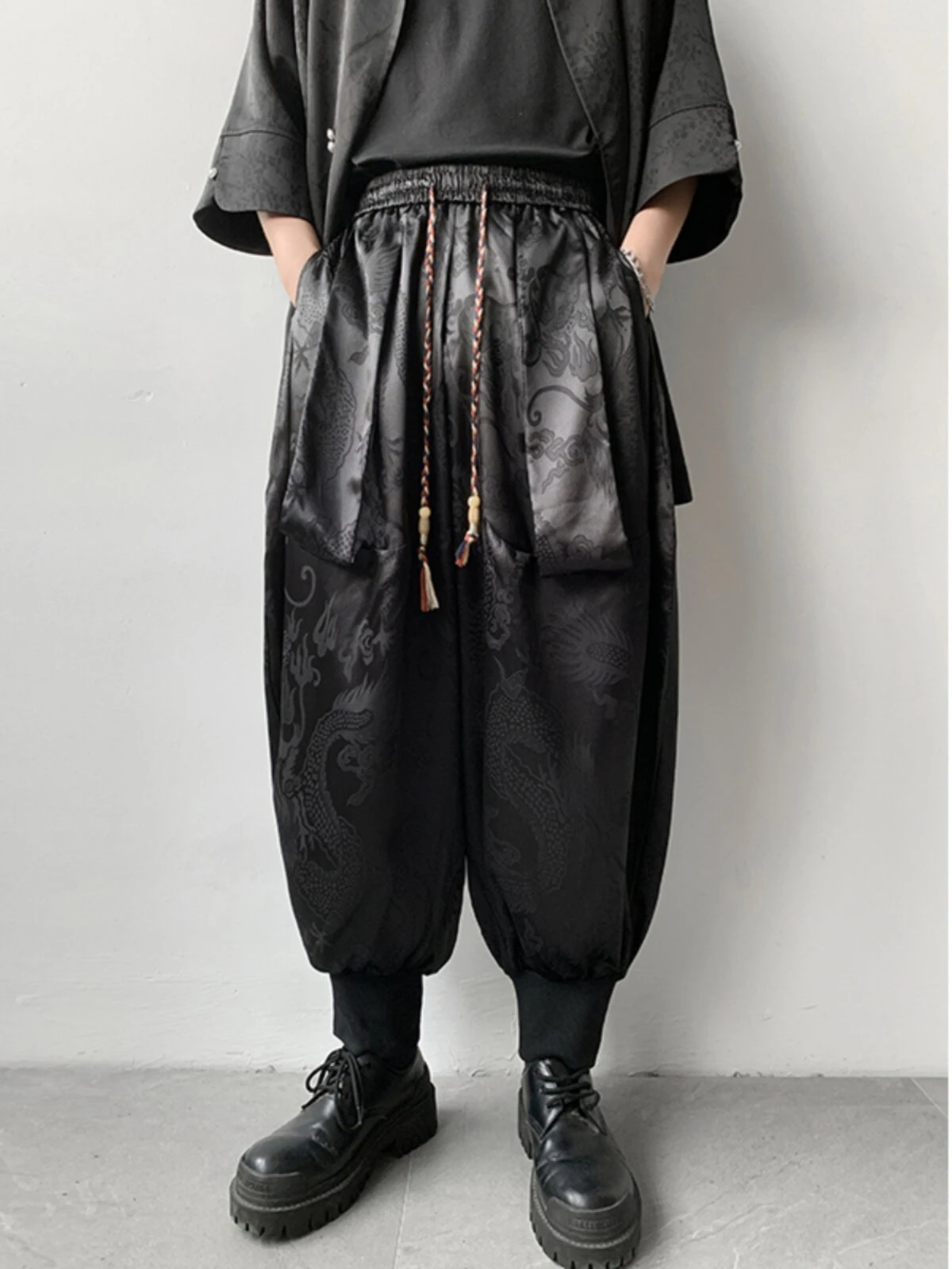 

Мужские летние охлаждающие брюки-шаровары из ледяного шелка, широкие джоггеры в стиле Dragon Streetwear, китайский стиль, с эластичными манжетами, легкие