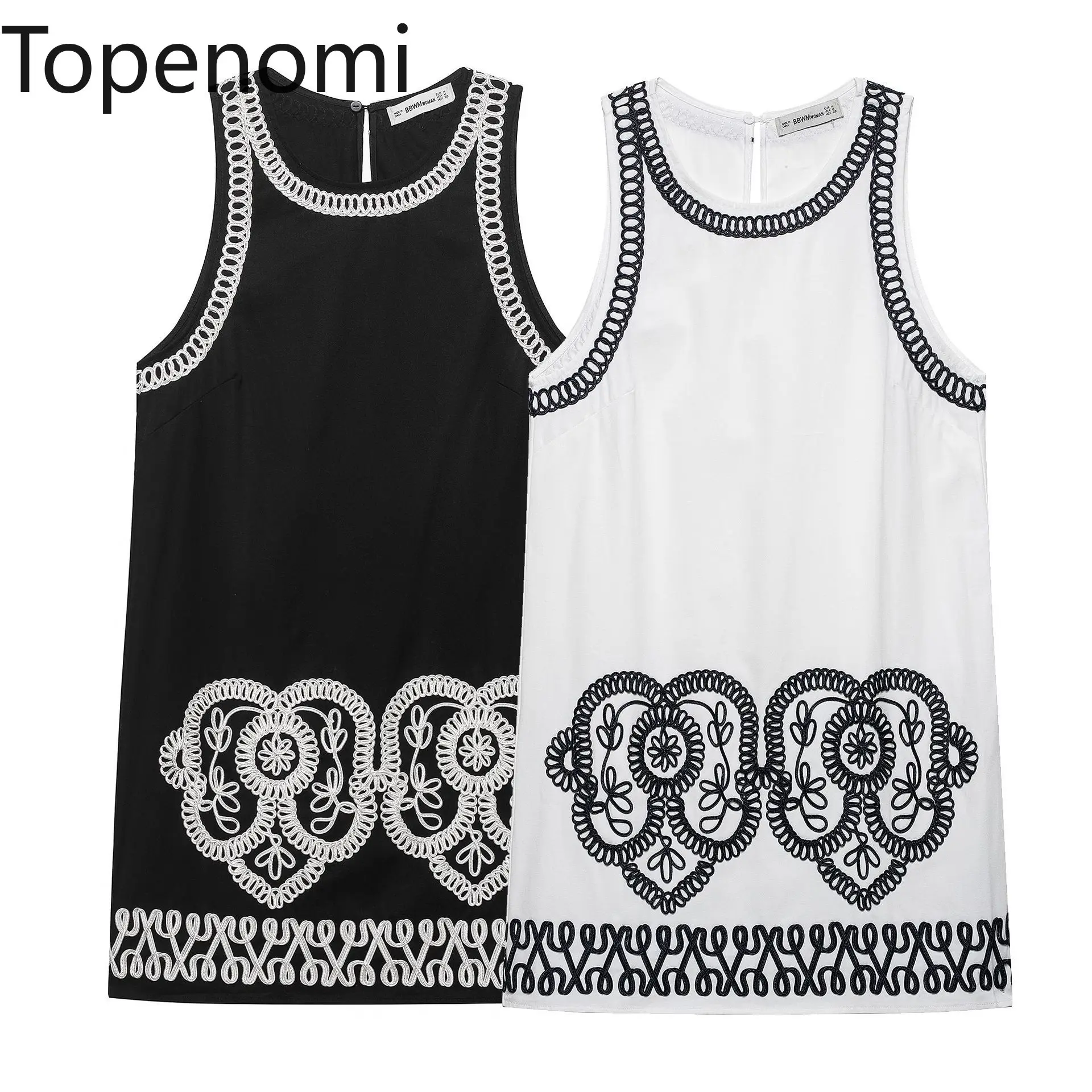 

Topenomi Vintage Embroidery Sleeveless Short Dress Women 2025 Summer Round Neck Straight Vest Dresses Fashion Party Платье Плисе