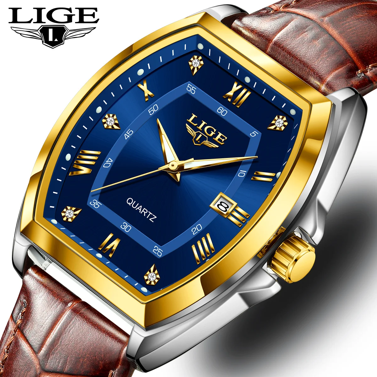 

LIGE Brown Leather Men's Watches Luxury Gold Dial Sport Quartz Watches Waterproof Luminous Calendar Business Watch For Man Gife