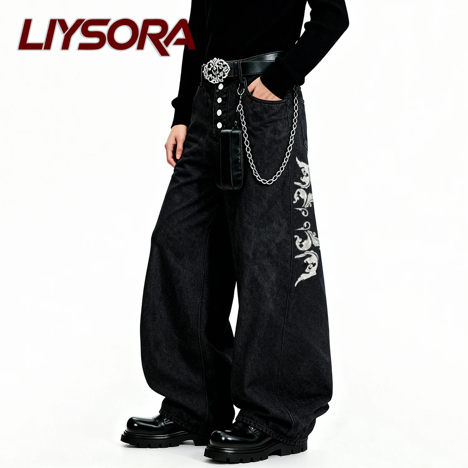 الأمريكية الرجعية الشارع الرجال فضفاض واسعة الساق الجينز أجنحة التطريز زر تصميم الهيب هوب باد بوي فضفاض الدنيم السراويل للجنسين الملابس