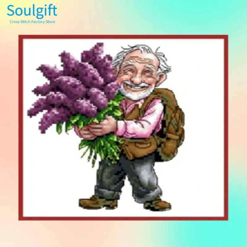 

Friendly Grandpa Lavender-Soulgift Stamped Pre-Printed Cross Stitch Kits, 9CT/11CT/14CT/16CT Fabric with DMC Threads, Easy