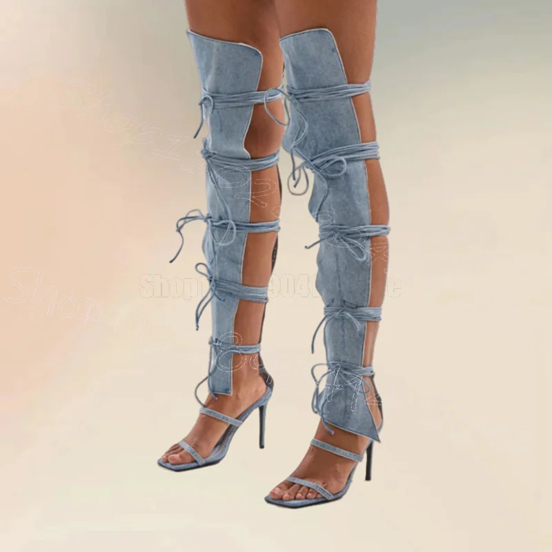 

Blue Denim Strappy Hollow Design Sandals Boots Back Zipper Women Shoes Thin High Heels Open Toe Party 2025 Zapatos Para Mujere