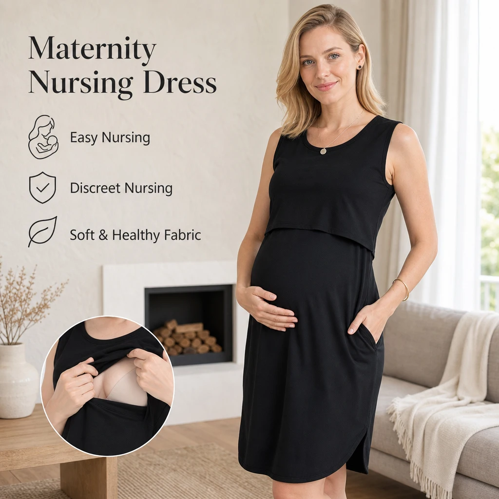 Lift Up Layered Nursing Maternity Tank Dress Crew Neck Sleeveless Pocket Side Slit Hem Loose Plus Size Pregnant Casual Dress