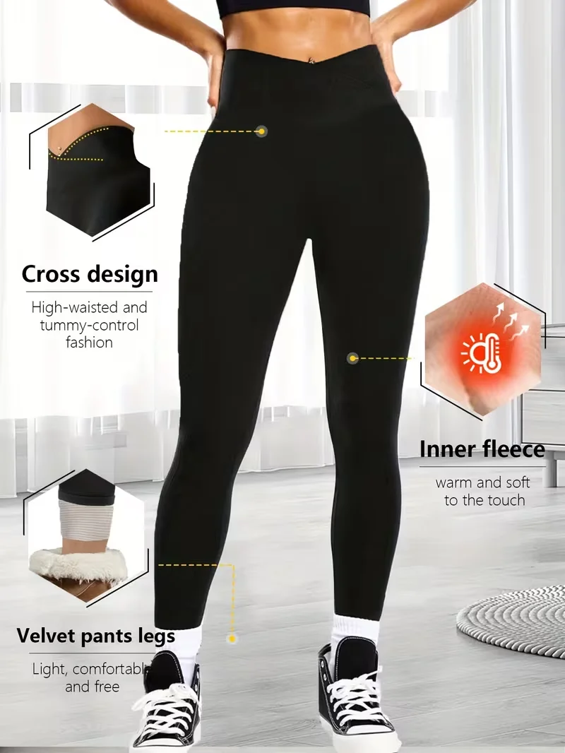 سراويل يوجا من الصوف السميك الناعم للنساء بخصر متقاطع وخصر على شكل حرف V للتحكم في البطن - لباس ضيق للتخسيس والجري الحراري، جينز (جديد)