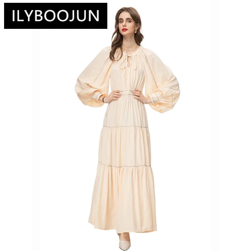 

ILYBOOJUN Autumn and winter Long Dress Vintage Runway Dress Women's Splice long sleeve High waist Pleating party Long Dress