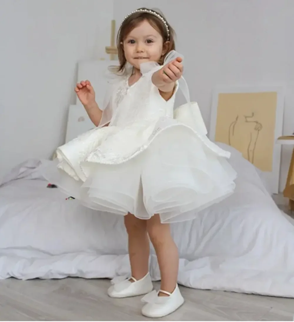 

Lvory Flower Girl Dresses For Wedding Appliques Sequins With Bow Puffy Toddler Birthday Party Formal Banquet Gown