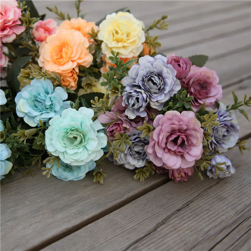 1 باقة 14 رؤساء الفاوانيا الاصطناعية الشاي زهور الورد كاميليا الحرير ورد صناعي فلوريس DIY بها بنفسك حديقة المنزل الزفاف الديكور