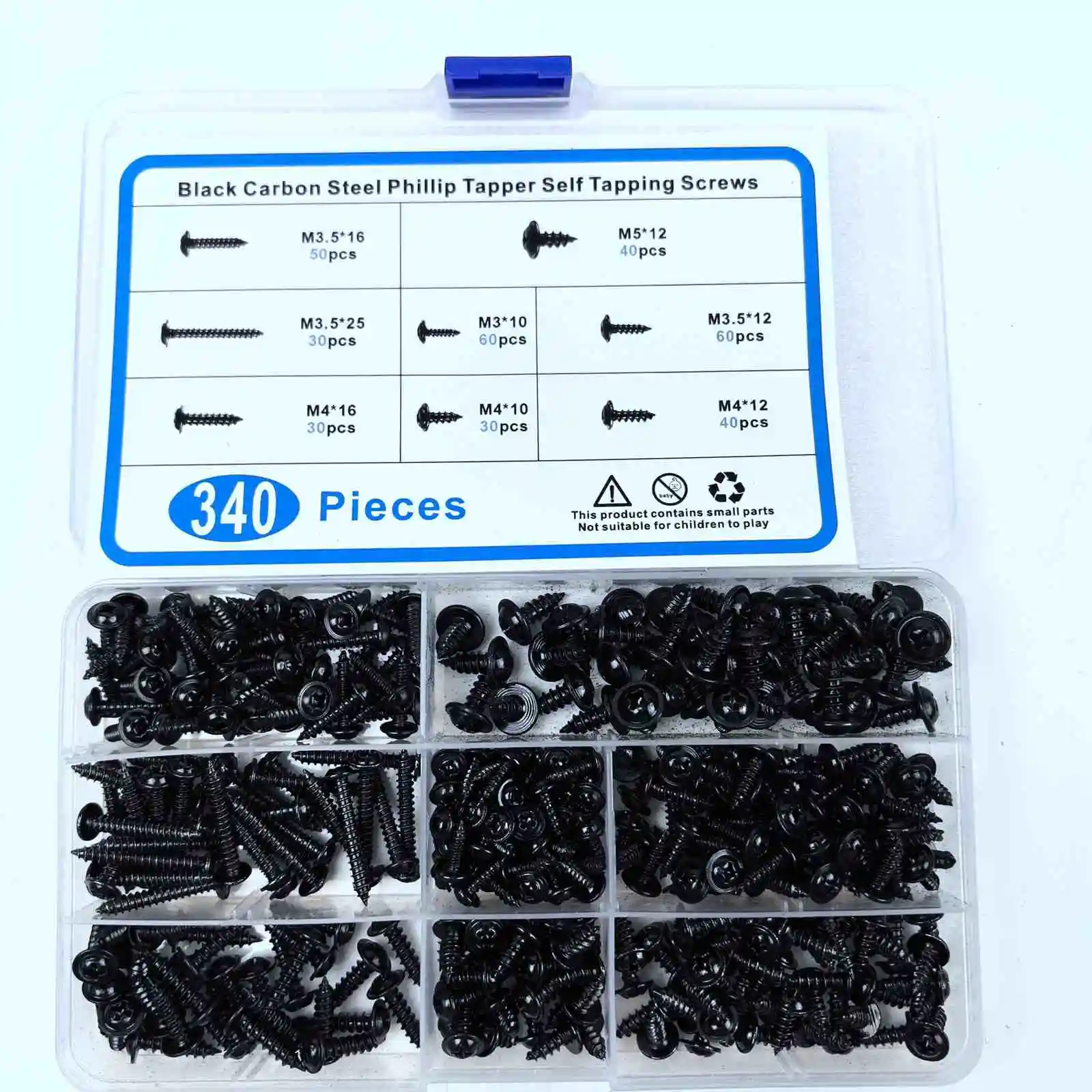 A Box Set 340Pcs Black Carbon Steel Pwa Cross Self Tapping Screw Round Head With Pad Screw