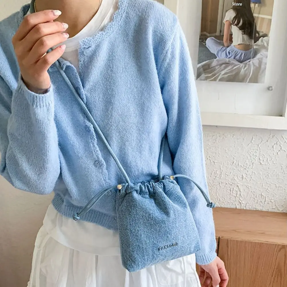 

Y2K Drawstring Denim Canvas Bag Street Style Large Capacity Vintage Handbag Shopping Bag Solid Color Solid Crossbody Bag