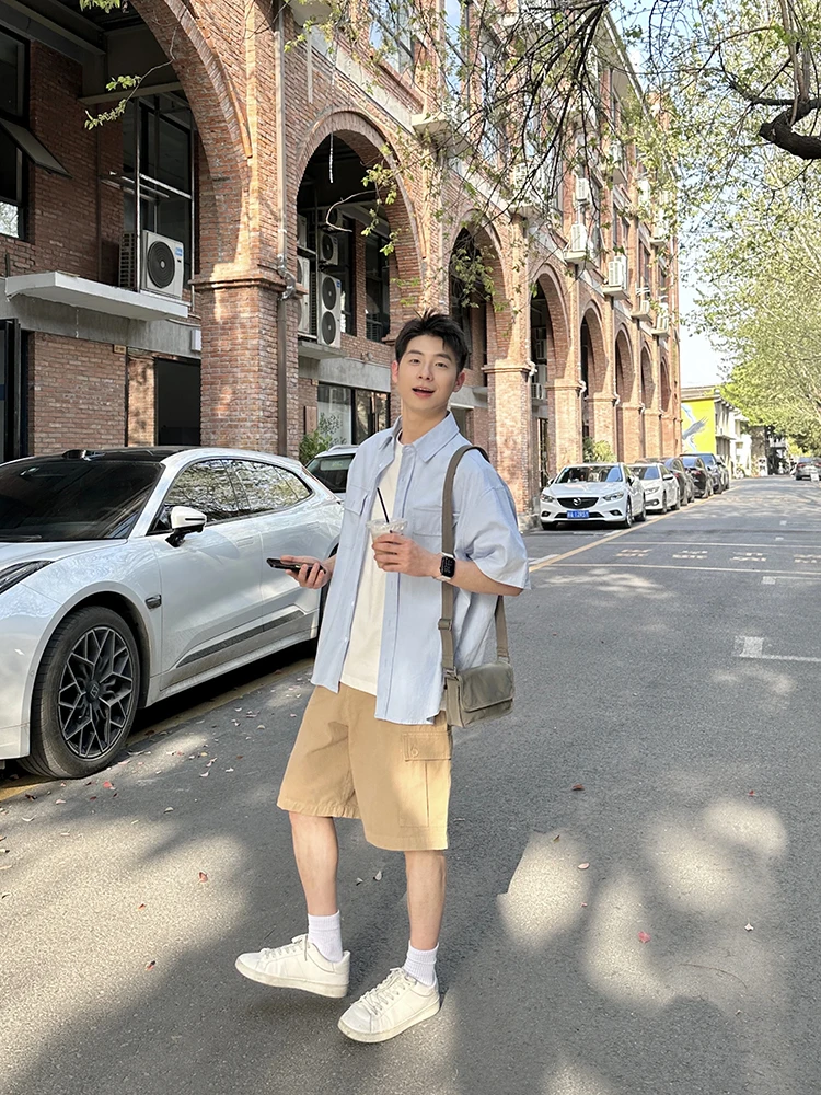 

Мужская летняя тонкая свободная универсальная дышащая футболка из чистого хлопка синего цвета с воротником (американский стиль)