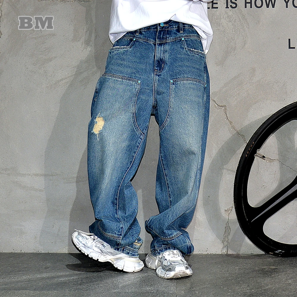 High End Baggy Jeans For Men Korean Fashion Stretch Denim Ripped Cargo Pants Hip Hop Trousers Streetwear Skateboard Jeans Male