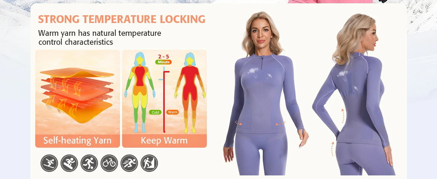Anfilia Damen-Unterwäsche, nahtlos, Ski, Thermo-Unterwäsche, Hals, Viertelreißverschluss, hochelastisch, rutschfest, Daumen-Design, Baselayser für den Winter – Detail 3