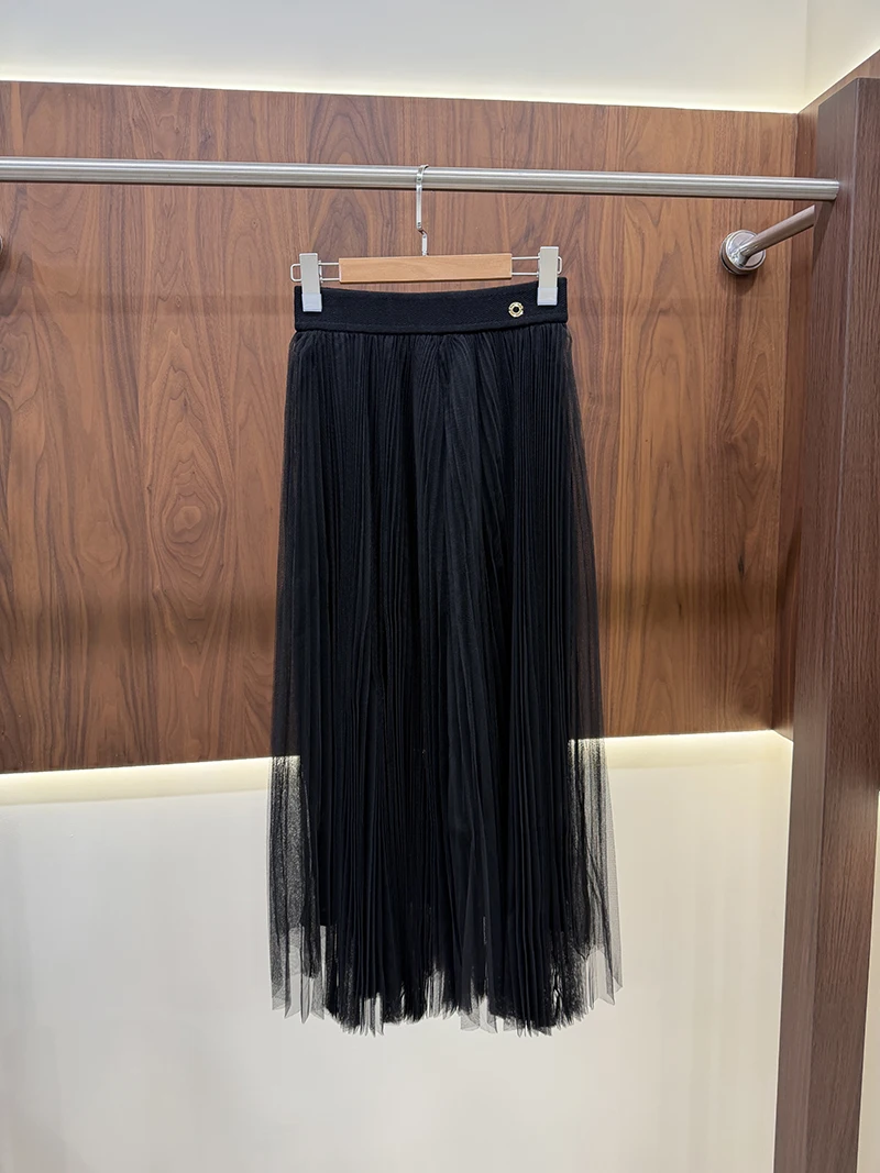 High Waist Pleated Tulle A-Line Midi Skirt Decorative Button Flowy Mesh Skirt for Women