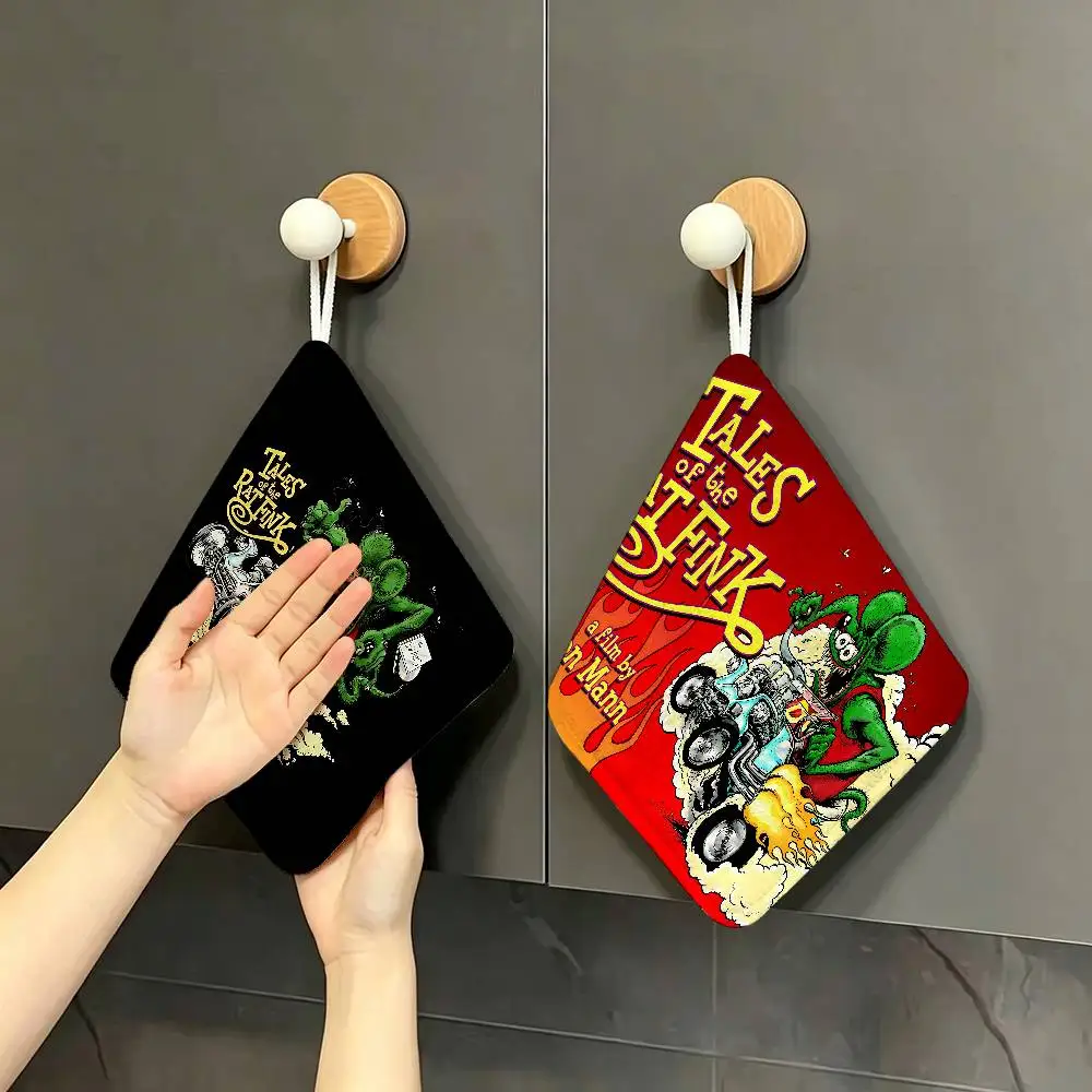 Rat Fink Cartoon Polyester Cotton Hanging Hand Towel, Super Absorbent Hand Wiping Towel for Daily Household Use