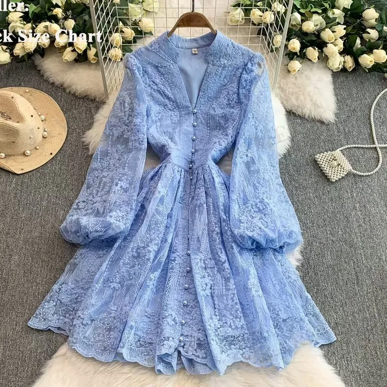 Summer Autumn Long Sleeve Lace Short Dress Women Crochet Embroidery Formal Evening Dresses Fairy Princess Sweet Palace Robe