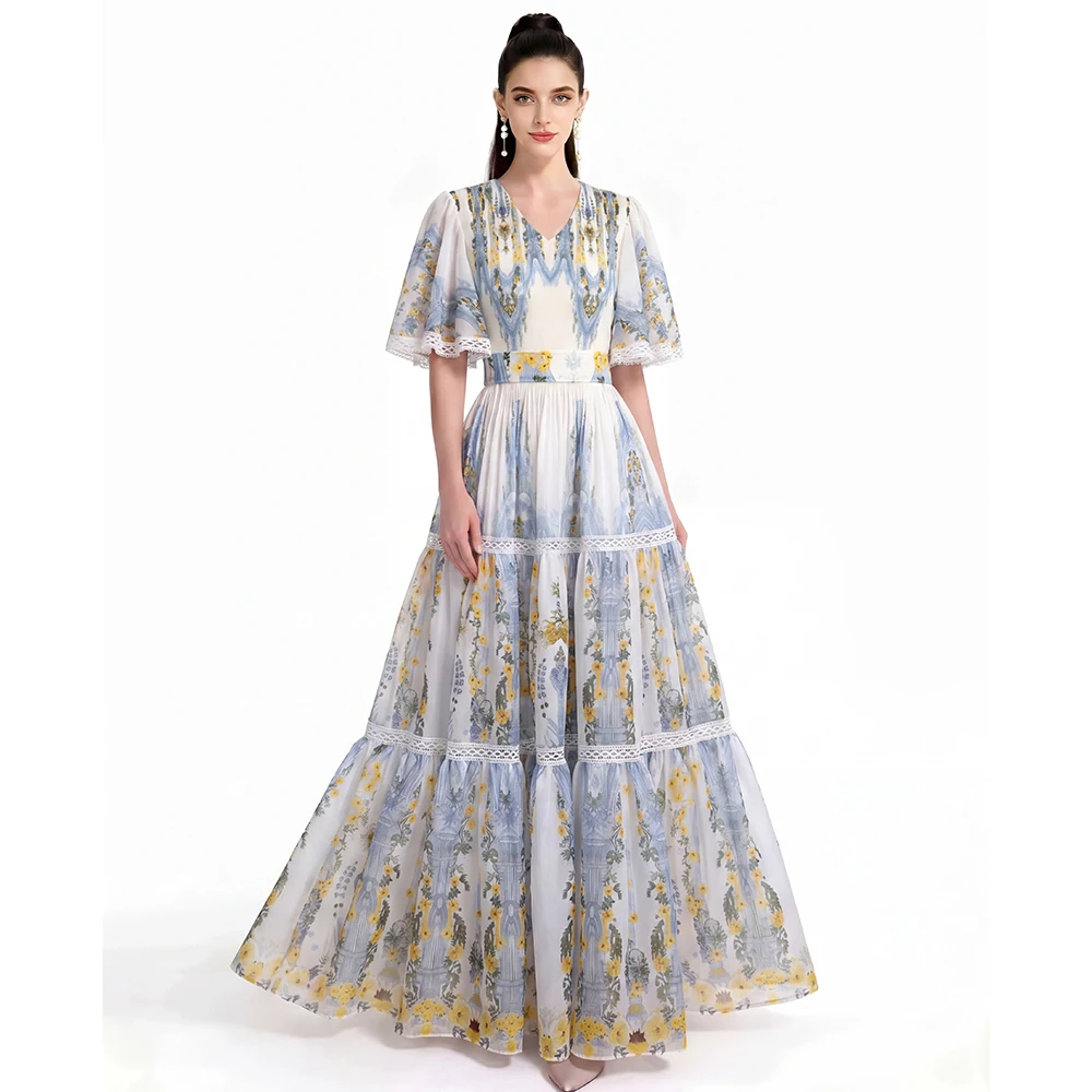 Vintage Floral Print Long Dress Women V Neck Flutter Sleeve Layered Ruffles Belted Waist A Line Maxi Dress Wedding Guest Gown