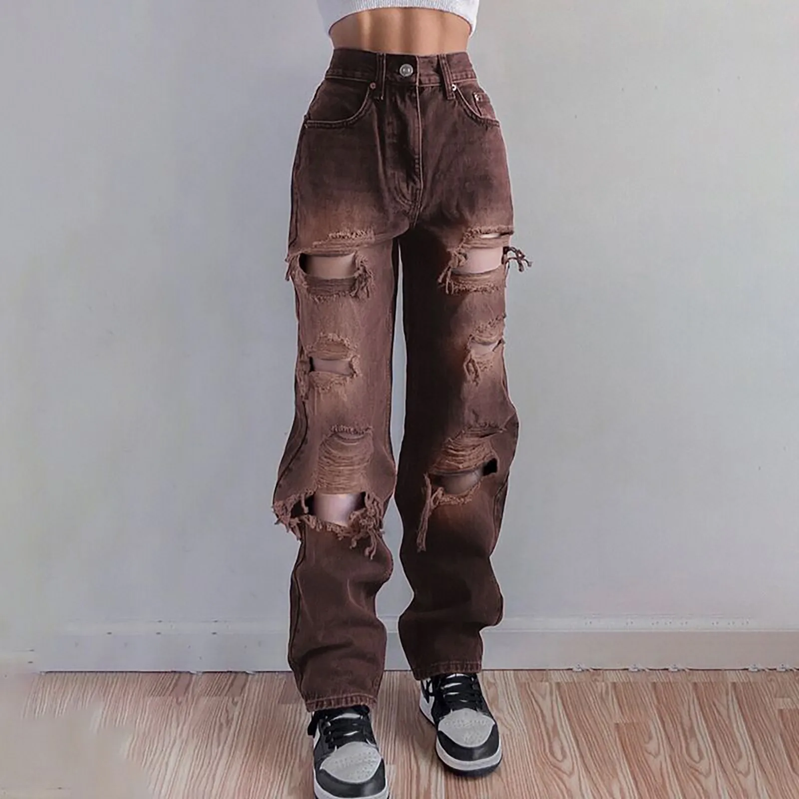 High Street Perforated Jeans Women's Summer New Ripped Jeans Brand Straight Tube Loose Sweeping Wide Leg Pants Women's Jeans