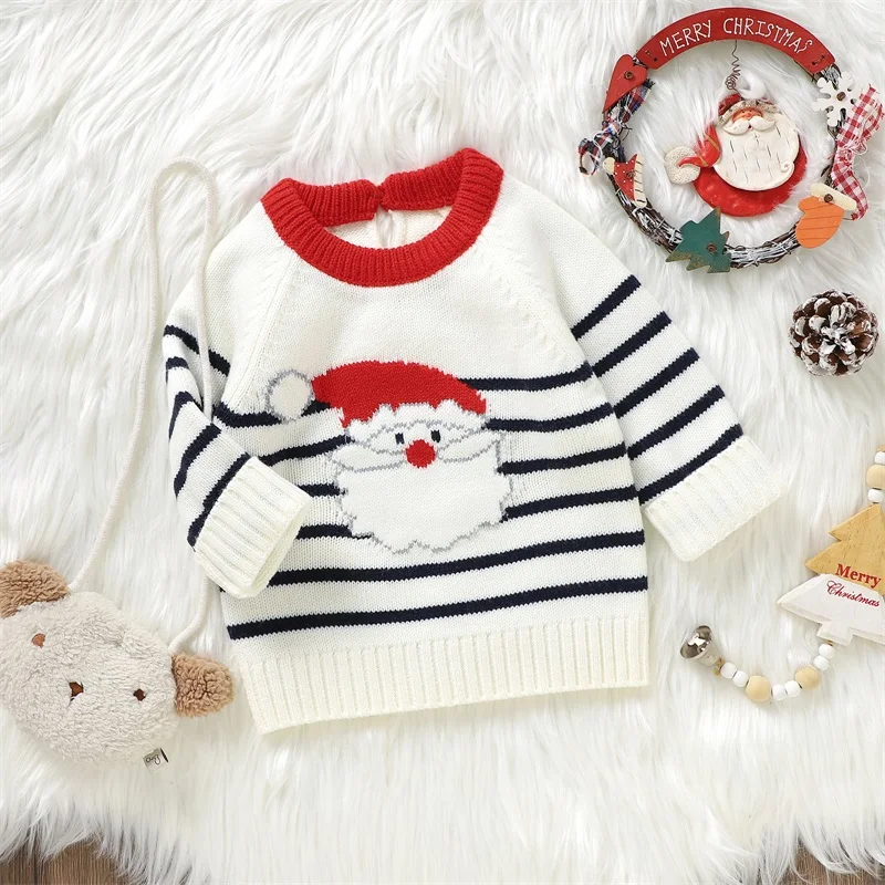 Baby Knitted Sweater Christmas Santa/Elk Print Casual Warm Long Sleeve Pullovers Infant Knitwear for Toddler Xmas Clothes