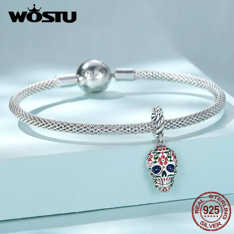Wostu 925 Sterling Silver Skull Pendants Halloween Bold Enamel Face Beads Fit Original Bracelet Charms Jewelry Making DIY Gift