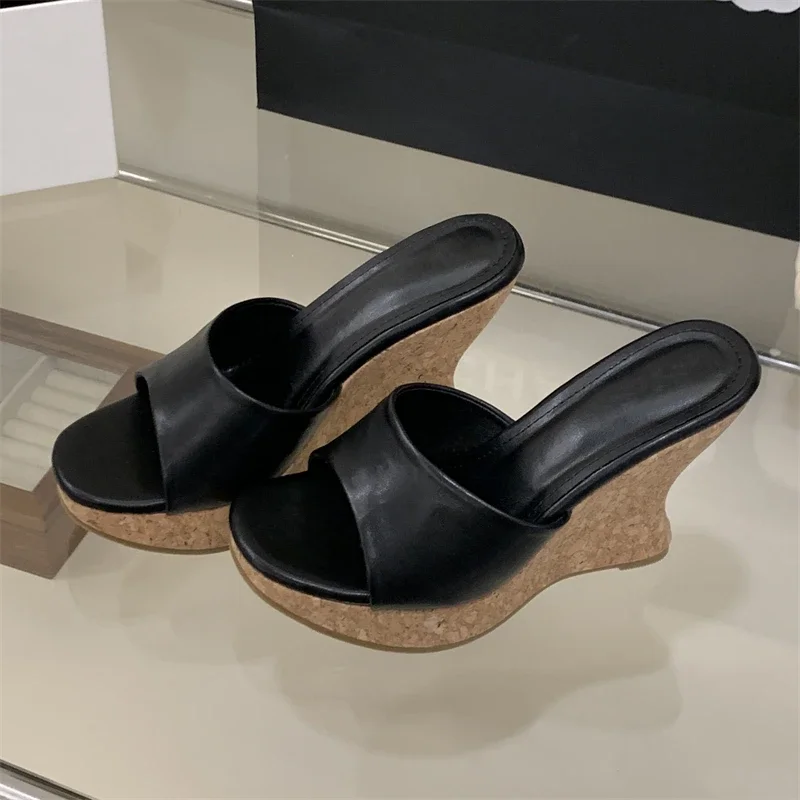 

Aneikeh Fashion Comfortable Soft Leather Wood Grain Platform Wedges Women Slippers 2026 Summer Peep Toe High Heels Shoes