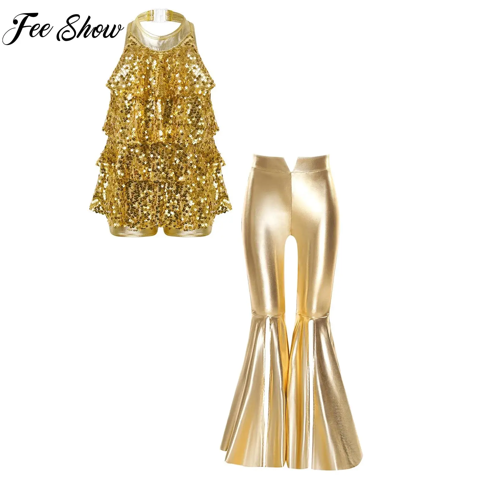 Kids Girls Disco Jazz Dance Costumes 70s Dance Ballroom Tango Performance Set Halter Backless Sequins Leotard Bell-Bottom Pants