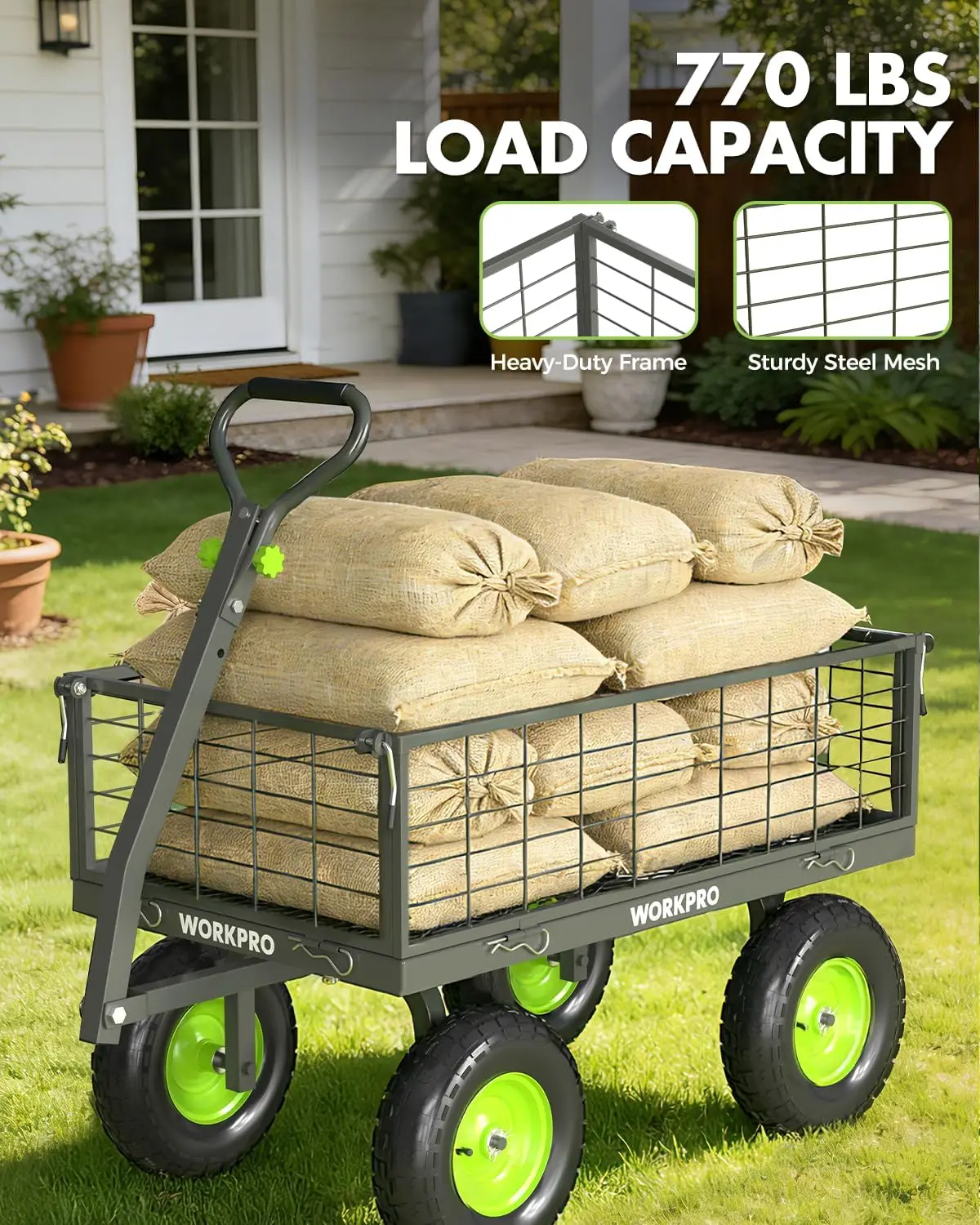 Large Heavy Duty Garden Cart 770 lb, 2-in-1 Convertible Utility Wagon with Removable Sides, 180° Tow Handle for ATV or Lawn Trac