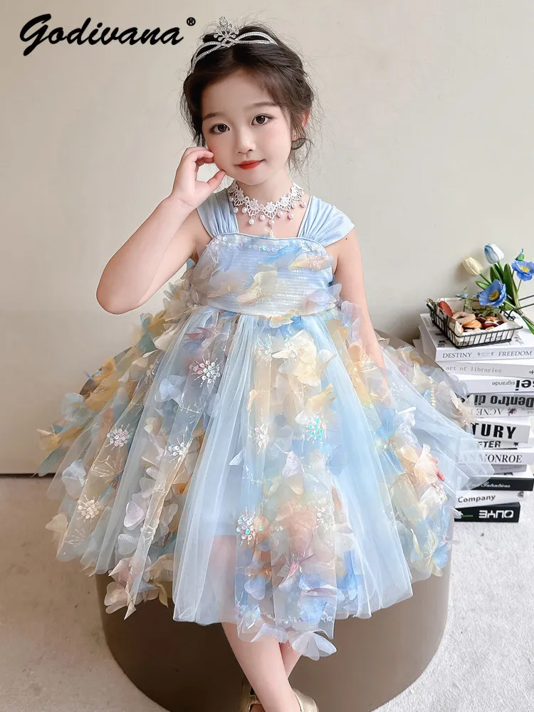 Sweet Baby Girls Lolita Princess Tutu Dress New Summer Floral Fairy Spaghetti Strap Tulle Birthday Party Performance Ball Gown