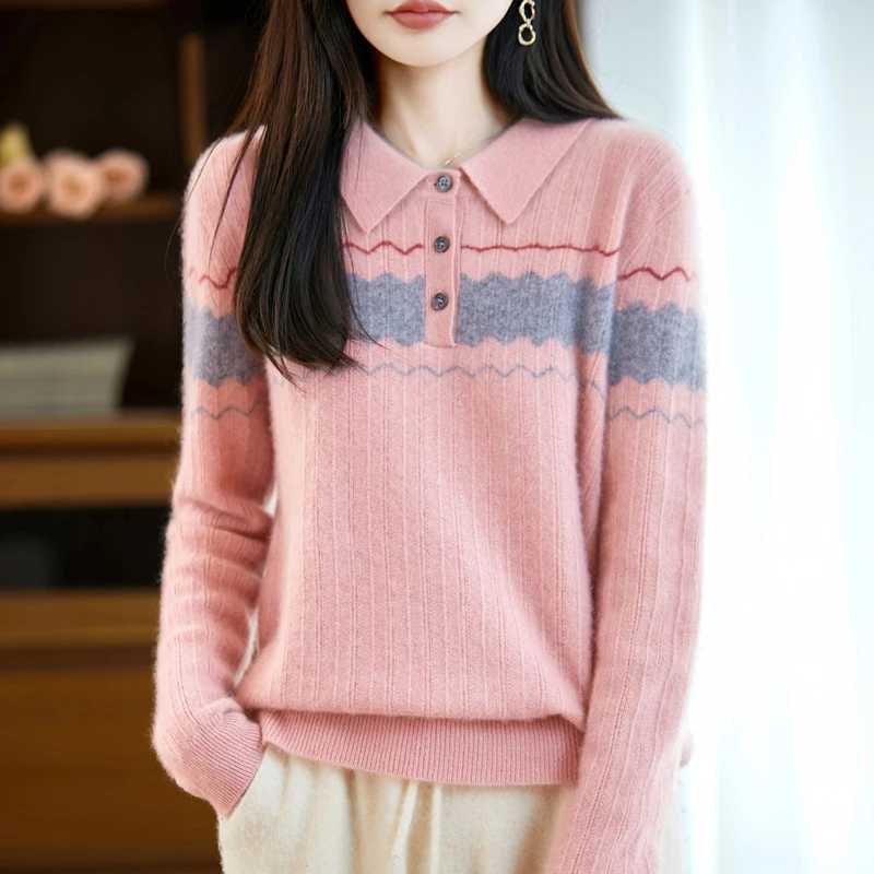 BELIARST 100% zuivere wol preppy stijl contrasterende kleur gebreide damespolokraag trui voor herfst en winter nieuw shirt