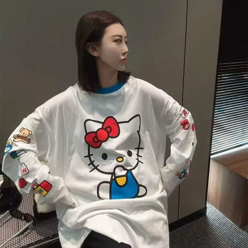Long-Sleeved Hello Kitty Summer New Style Cartoon Cute Printed T-Shirt for Women Popular Loose Sun Protection Clothing Thin Tops