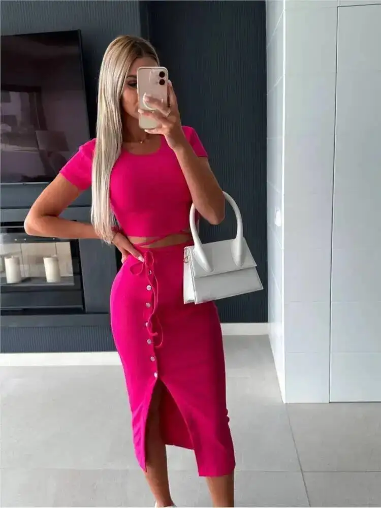 

Summer Suit New Solid Color Short-sleeved Round Neck Top Button Exposed Navel Hip Mid-length Skirt Casual Two-piece Set Y2k P9WV