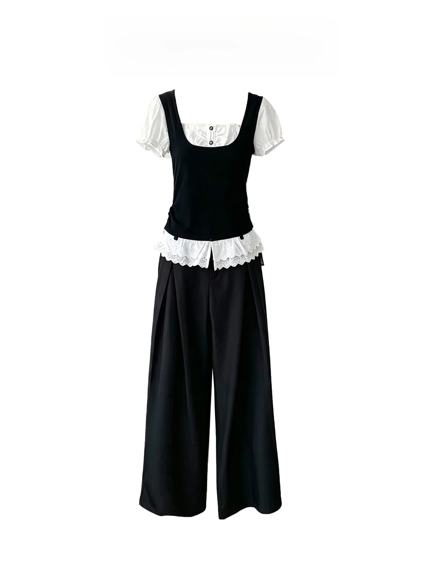 Korean Style College Bubble Sleeve T-Shirt Women Summer Short Sleeve Lace Casual Pants Two Piece Set Fashionable Youth Wear