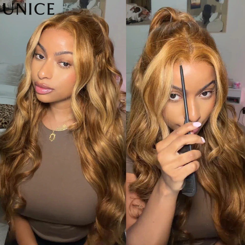 UNice 7x5 Bye-Bye Slip™ Honey Blonde Highlight Body Wave Wig With Drawstring Put On & Go Glueless Human Hair Wig