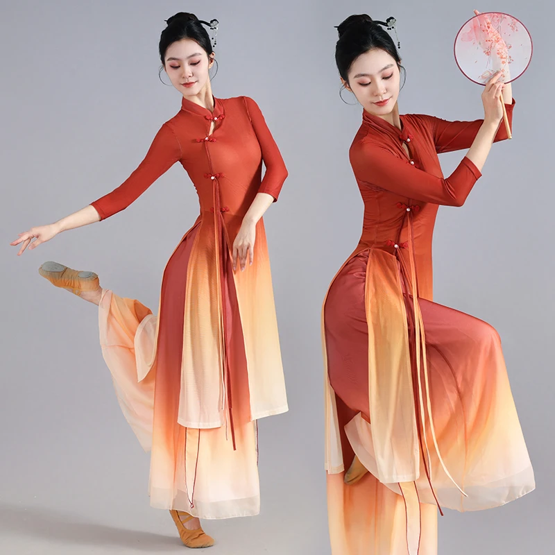 古典舞踊のガーゼ衣装、エレガントな中国風チャイナドレスと扇子舞のドレス、新しいスタイルの女性用スーツ