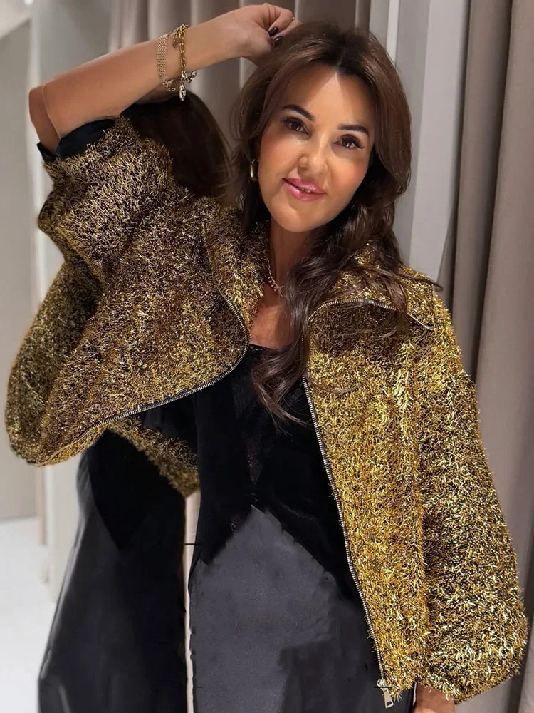 

HH женская модная куртка с длинными рукавами цвета металлик, женская осенняя повседневная куртка с карманами и отложным воротником на молнии, пальто-пилот Mujer