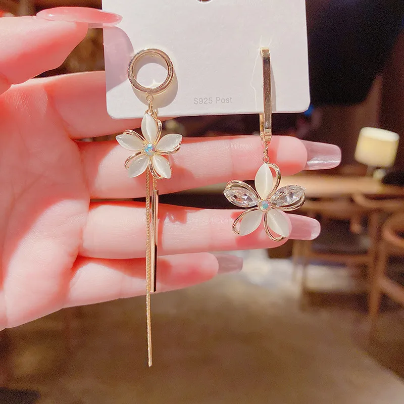 Rimiut S925 Silver Needle Petal Earrings Korean Style Asymmetric Flower Tassel Earrings Long Women's Earrings Party Jewelry