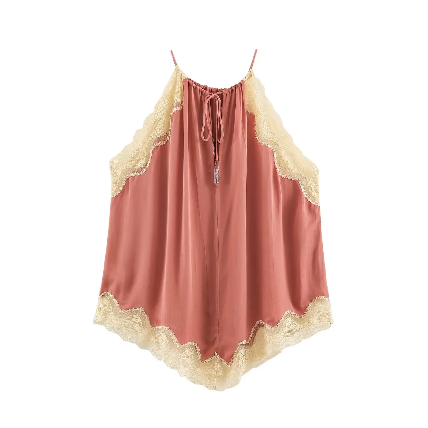 TFMLN Neues Damen-Neckholder-Top, elegantes Patchwork-Design, Spitzeneinsatz, unregelmäßige, lockere Passform, ärmelloses Tank-Top, schicke Streetwear – Detail 3