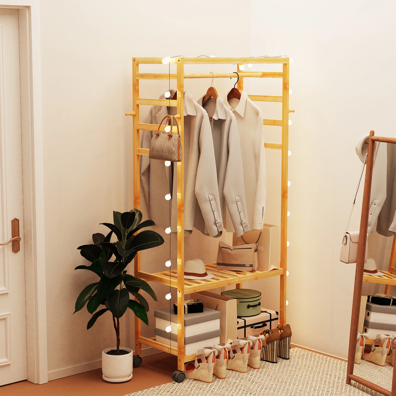 

Customizable Bamboo Garment Coat Clothes Hanging Rack Organizer with Wheels