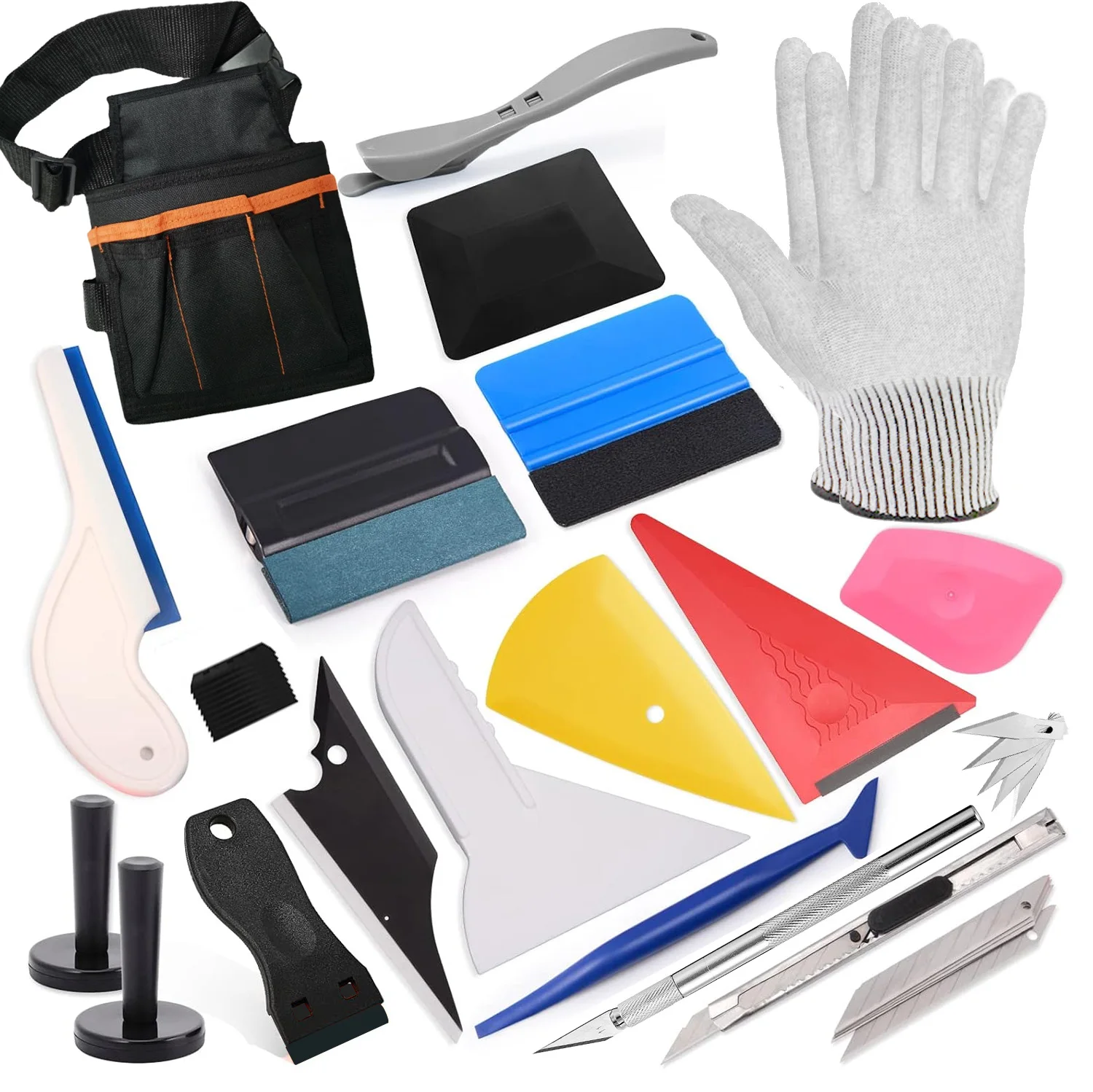 Kit de herramientas para aplicar vinilos y tintes en ventanas de coches con bolsa de herramientas, espátula para tintado, guantes de trabajo y herramienta para aplicar vinilos.