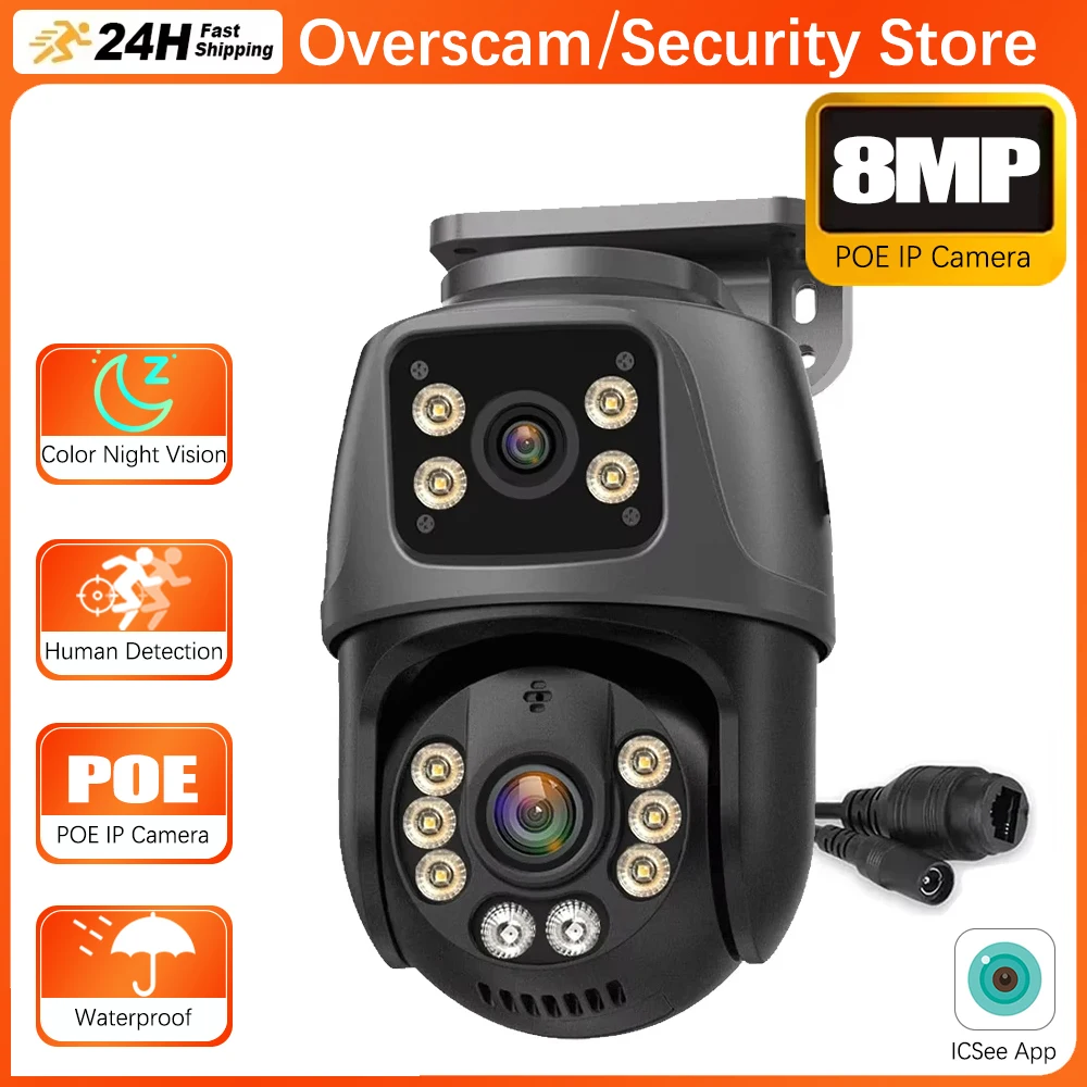 4K 8MP POE Network Surveillance Camera PTZ IP Camera ONVIF Dual Lens Two Way Audio Human Detection Outdoor Security ICSEE XMEYE