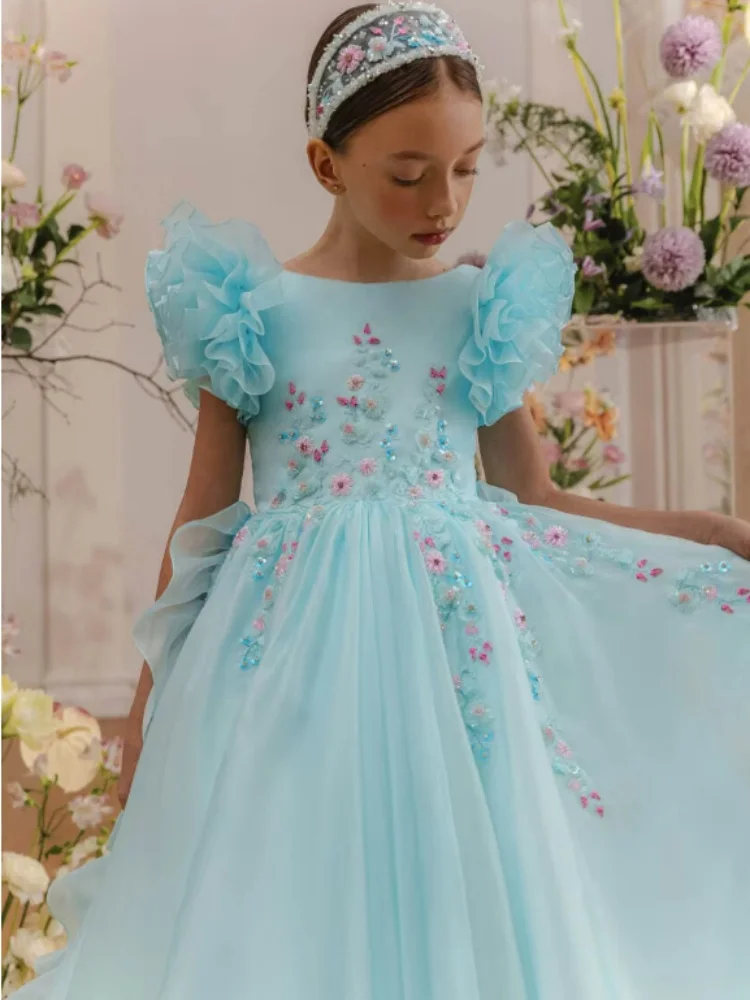 Blue Flower Girl Dress Lace Appliques A-Line Floor Length Tulle Dresses For Kids First Communion Birthday Party Gowns Customized