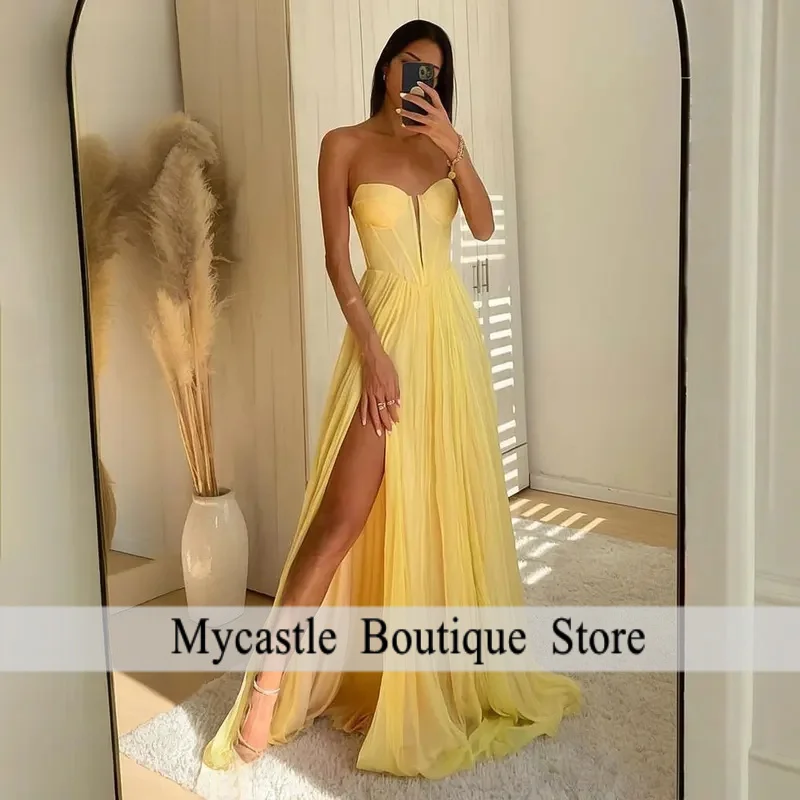 

Yellow Chiffon Prom Dress 2026 Strapless A-Line Split Wedding Party Dress Customized Sleeveless Floor-Length Vestidos De Fiesta