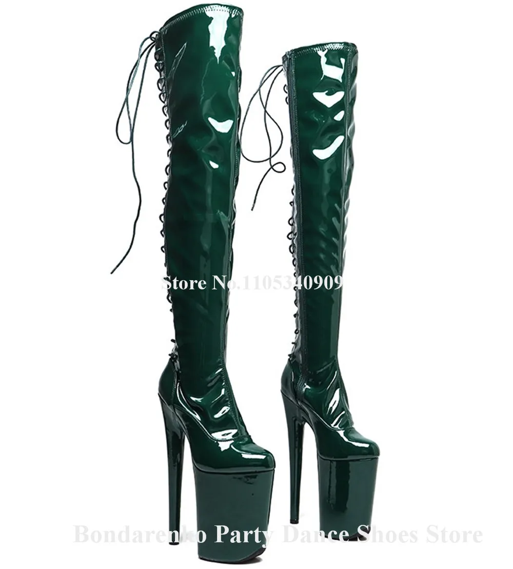 Bondarenko Dark Green Patent Leather Stiletto Over Knee Boots Round Toe Back Zipper-up High Platform 20cm Thin Heel Dance Shoes