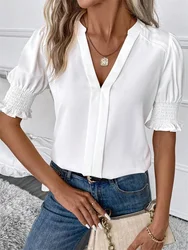 Women Summer Style Blouses Shirts Lady Casual Short Puff Sleeve V-Neck Solid Color Blouse Tops