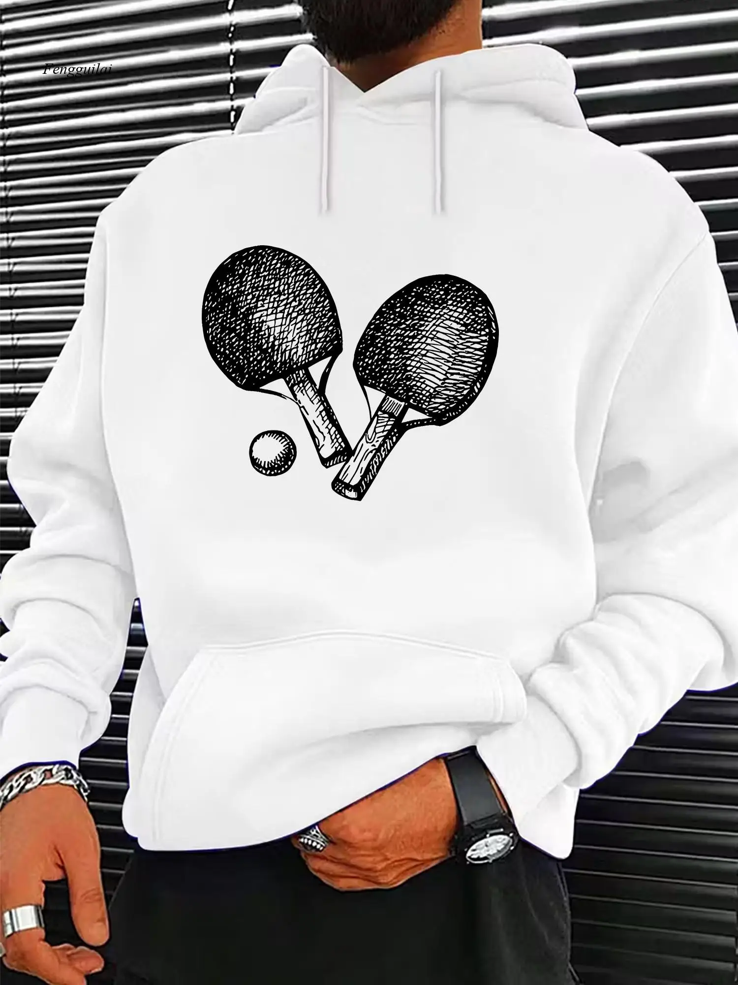 

Толстовка с капюшоном для улицы, пуловер с принтом ракетки для настольного тенниса, спортивный и повседневный топ с длинными рукавами и карманом-кенгуру